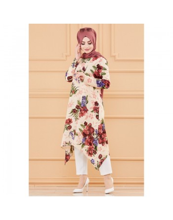 Tunique fleurie ample (Vêtement chic pour femme voilée - Nouveauté) - Couleur beige 