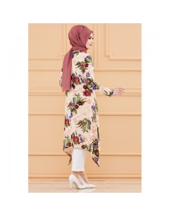 Tunique fleurie ample (Vêtement chic pour femme voilée - Nouveauté) - Couleur beige 