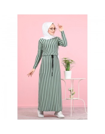 Robe longue à rayures décontractée ceinture intégrée (Boutique Vêtement Hijab) - Couleur menthe 