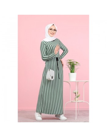 Robe longue à rayures décontractée ceinture intégrée (Boutique Vêtement Hijab) - Couleur menthe 