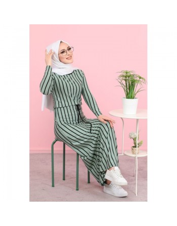 Robe longue à rayures décontractée ceinture intégrée (Boutique Vêtement Hijab) - Couleur menthe 