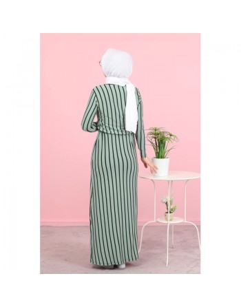 Robe longue à rayures décontractée ceinture intégrée (Boutique Vêtement Hijab) - Couleur menthe 