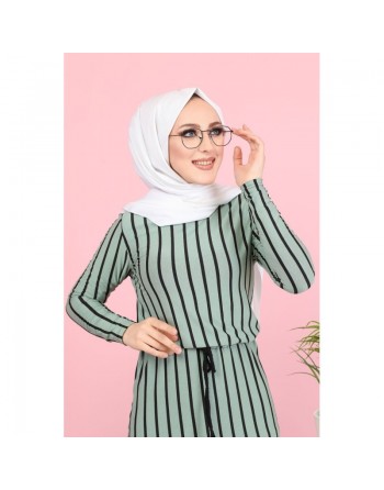 Robe longue à rayures décontractée ceinture intégrée (Boutique Vêtement Hijab) - Couleur menthe 
