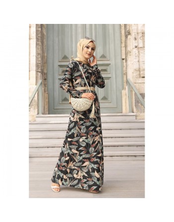 Robe longue en crêpe (Robes pour femmes voilées) - Couleur noir et menthe 