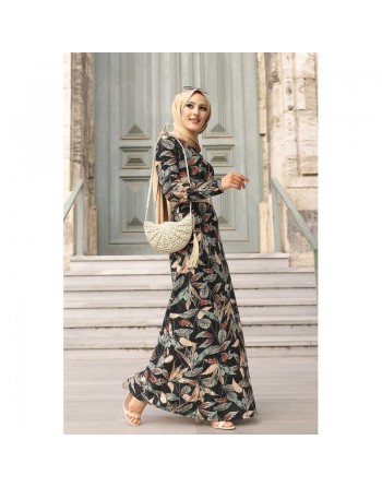 Robe longue en crêpe (Robes pour femmes voilées) - Couleur noir et menthe 