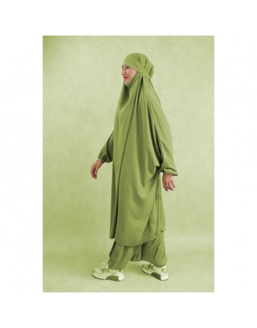 Ensemble Jilbab femme deux (2) pièces cape et sarouel (pantalon) - Couleur Vert Kaki Clair Ensemble Jilbab femme deux (2) pièces cape et sarouel (pantalon) - Couleur Vert Kaki Clair