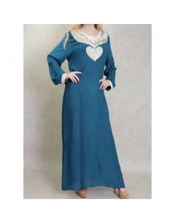 Robe longue style oriental avec borderie originale sous forme de coeur pour femme - Couleur pétrole 