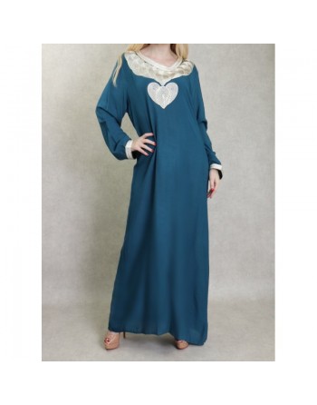 Robe longue style oriental avec borderie originale sous forme de coeur pour femme - Couleur pétrole 