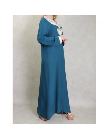 Robe longue style oriental avec borderie originale sous forme de coeur pour femme - Couleur pétrole 