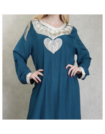 Robe longue style oriental avec borderie originale sous forme de coeur pour femme - Couleur pétrole 