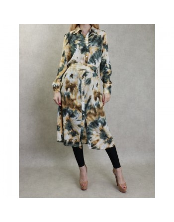 Chemise Tunique longue imprimée avec ceinture assortie - Couleur vert et jaune 