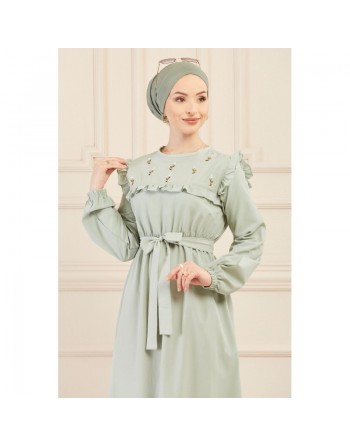Robe brodée (Tenue classique femme voilée) - Couleur menthe 