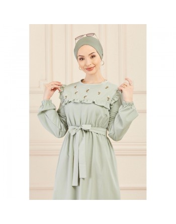 Robe brodée (Tenue classique femme voilée) - Couleur menthe 