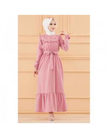 Robe brodée (Tenue classique femme voilée) - Couleur rose 