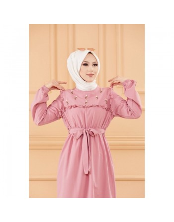 Robe brodée (Tenue classique femme voilée) - Couleur rose 