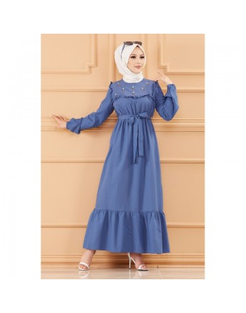 Robe brodée (Tenue élégante femme voilée) - Couleur bleu indigo 