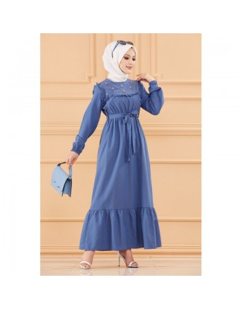 Robe brodée (Tenue élégante femme voilée) - Couleur bleu indigo 
