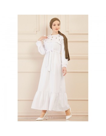 Robe blanche brodée (Vetement élégant pour femme voilée) - Couleur blanc 