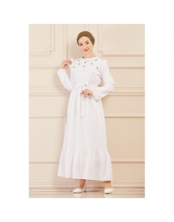 Robe blanche brodée (Vetement élégant pour femme voilée) - Couleur blanc 