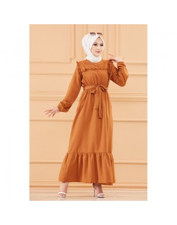 Robe brodée (Tenue hijab pour femme voilée) - Couleur tabac 