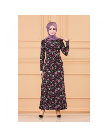 Robe maxi-longue avec motif moderne - Couleur prune 