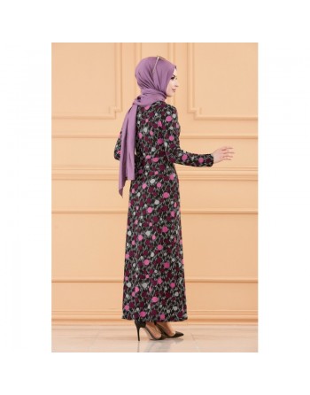 Robe maxi-longue avec motif moderne - Couleur prune 
