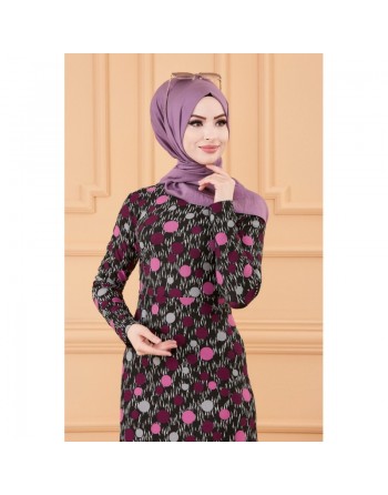 Robe maxi-longue avec motif moderne - Couleur prune 