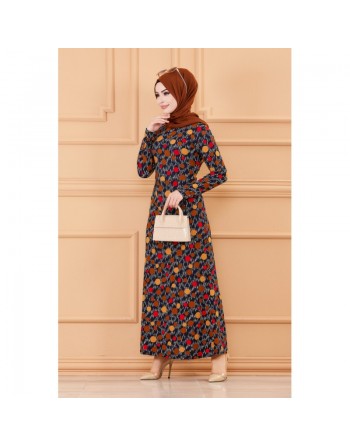 Robe extra longue imprimée ronds - Couleur motifs bleu indigo 