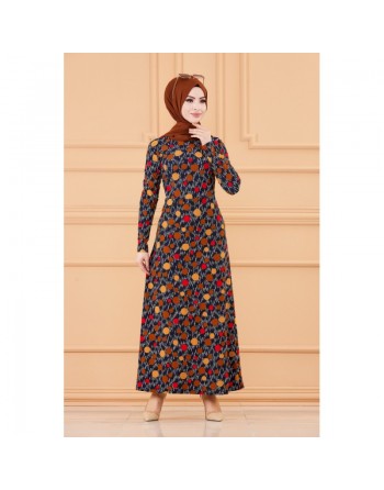 Robe extra longue imprimée ronds - Couleur motifs bleu indigo 