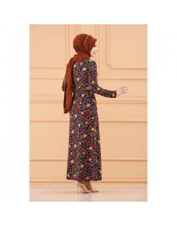 Robe extra longue imprimée ronds - Couleur motifs bleu indigo 