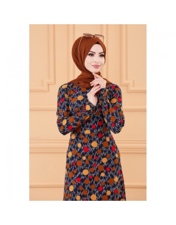 Robe extra longue imprimée ronds - Couleur motifs bleu indigo 