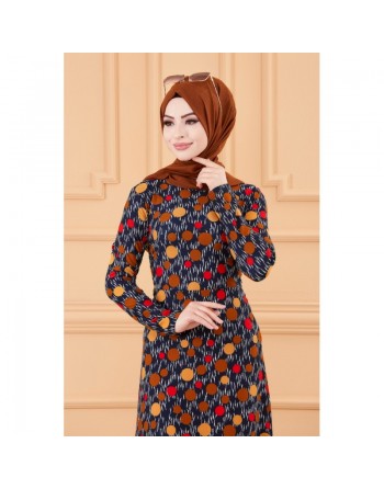 Robe extra longue imprimée ronds - Couleur motifs bleu indigo 