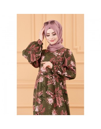 Robe fleurie ample pour femme (Vêtements hijab mastour) - Couleur kaki 