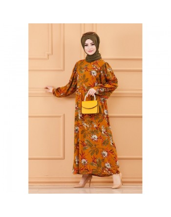 Robe longue motif fleurs ample pour femme (Vêtements hijab mastour) - Couleur tabac 