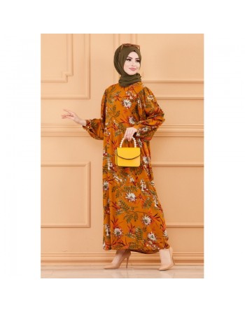 Robe longue motif fleurs ample pour femme (Vêtements hijab mastour) - Couleur tabac 