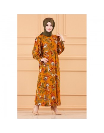 Robe longue motif fleurs ample pour femme (Vêtements hijab mastour) - Couleur tabac 