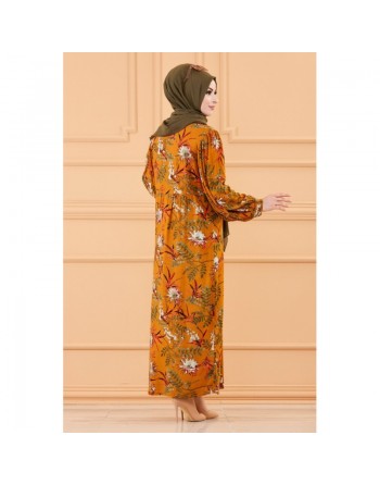 Robe longue motif fleurs ample pour femme (Vêtements hijab mastour) - Couleur tabac 