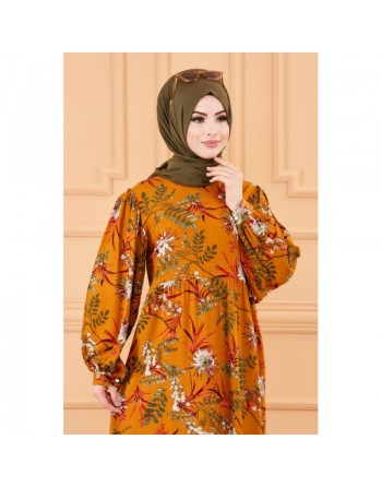 Robe longue motif fleurs ample pour femme (Vêtements hijab mastour) - Couleur tabac 