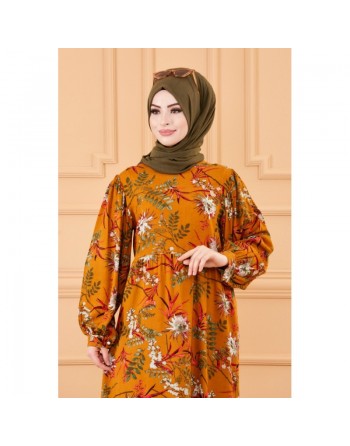 Robe longue motif fleurs ample pour femme (Vêtements hijab mastour) - Couleur tabac 