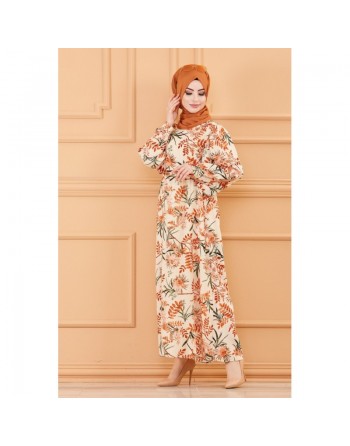 Robe longue et ample à fleurs pour femme (Vêtement hijab mastour) - Couleur beige 