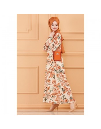 Robe longue et ample à fleurs pour femme (Vêtement hijab mastour) - Couleur beige 