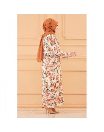 Robe longue et ample à fleurs pour femme (Vêtement hijab mastour) - Couleur beige 