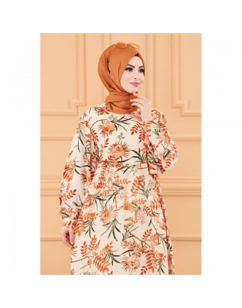Robe longue et ample à fleurs pour femme (Vêtement hijab mastour) - Couleur beige 