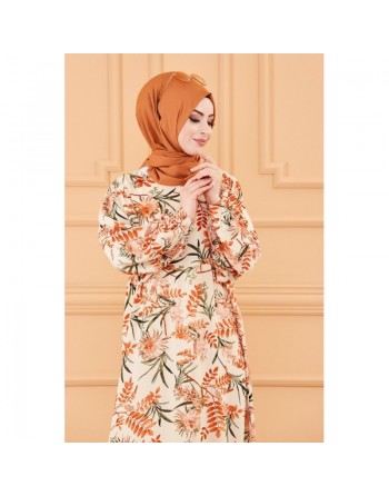 Robe longue et ample à fleurs pour femme (Vêtement hijab mastour) - Couleur beige 