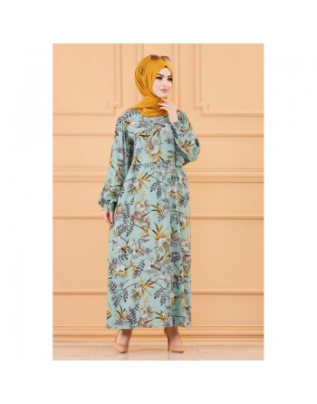 Robe longue et ample à fleurs pour femme (Vêtement musulmane) - Couleur menthe 