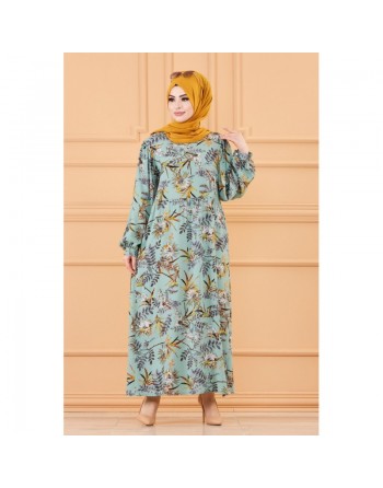 Robe longue et ample à fleurs pour femme (Vêtement musulmane) - Couleur menthe 