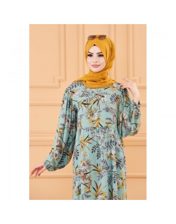 Robe longue et ample à fleurs pour femme (Vêtement musulmane) - Couleur menthe 