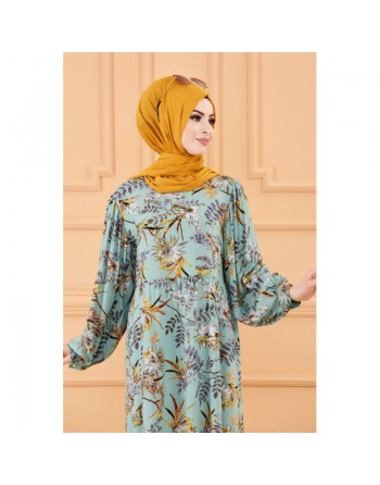Robe longue et ample à fleurs pour femme (Vêtement musulmane) - Couleur menthe 