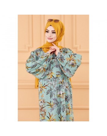 Robe longue et ample à fleurs pour femme (Vêtement musulmane) - Couleur menthe 