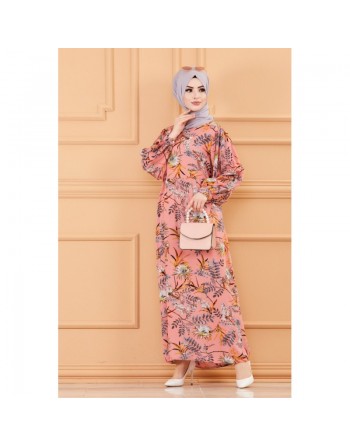 Robe longue et ample motif fleur pour femme (Tenue hijab) - Couleur rose 